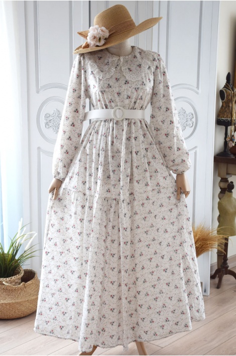 Robe Blanche à Fleur Rouge et Noir Col Peter Pan